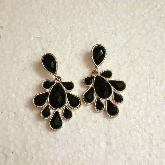 Cascading Teardrop Acrylic Drop Earrings Silver Tone & Black Post/Stud Dangle - Picture 1 of 7